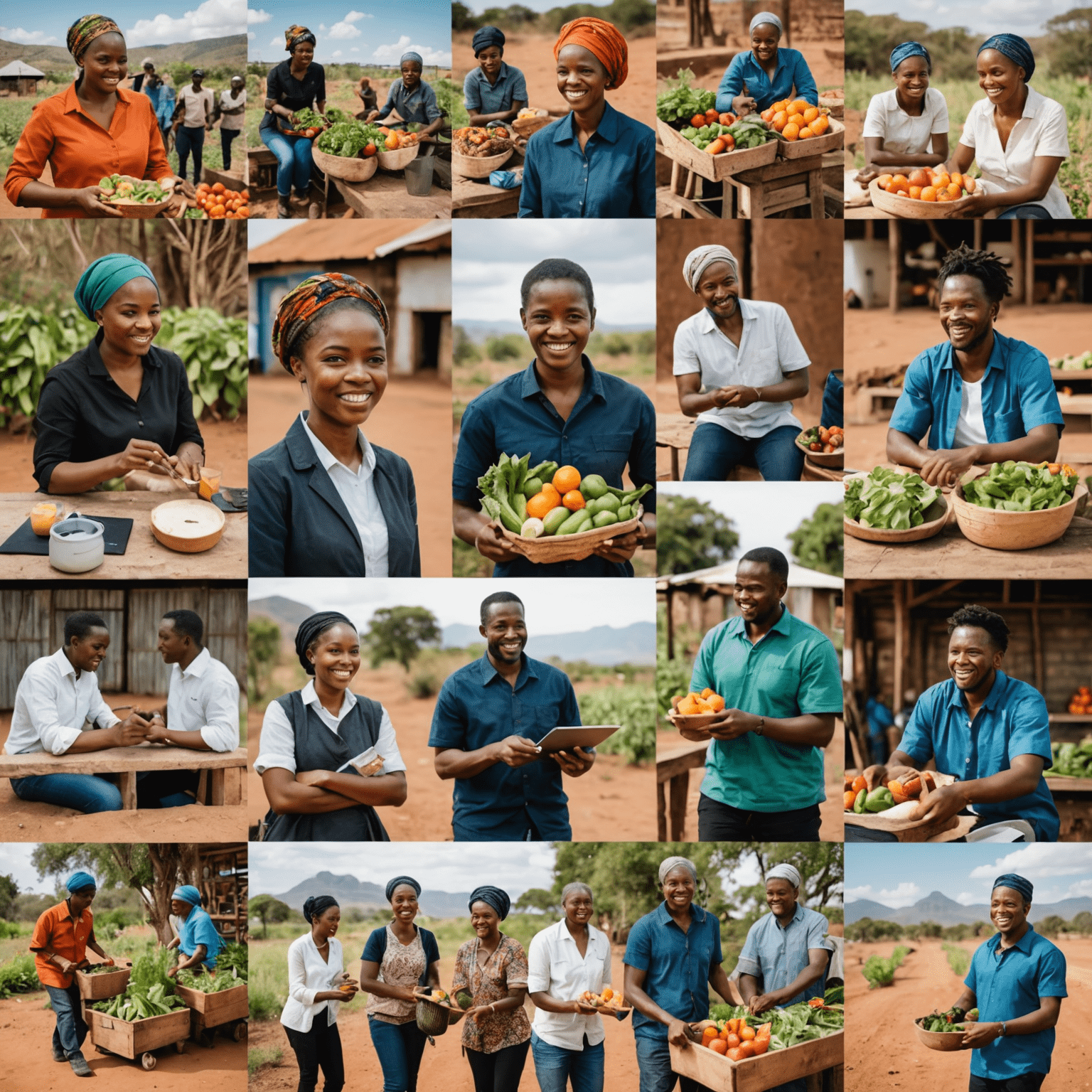 A collage of diverse South African social entrepreneurs working in various settings - urban and rural - showcasing their products and services