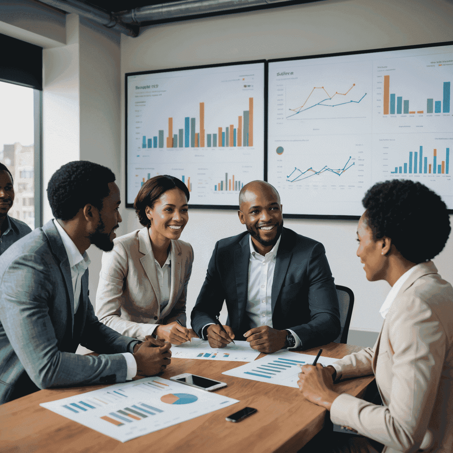 A group of diverse South African entrepreneurs discussing funding opportunities in a modern office space, with charts and graphs displayed on screens in the background