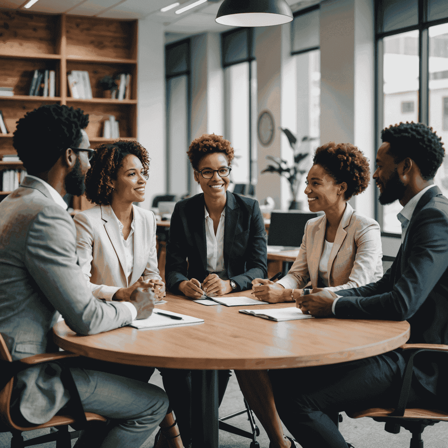 A group of diverse professionals discussing social entrepreneurship strategies in a modern office setting in South Africa