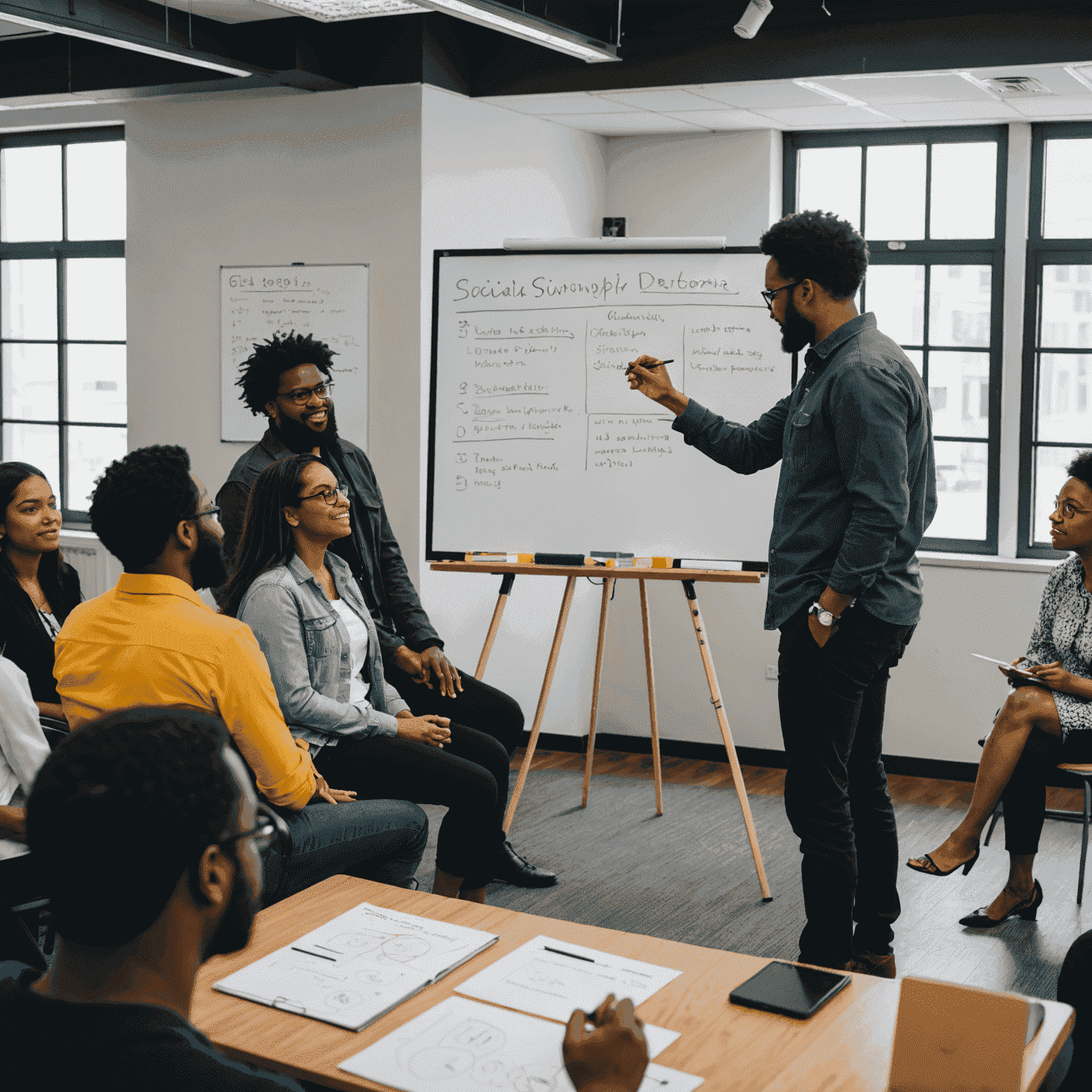 A group of diverse individuals participating in an interactive workshop session on social entrepreneurship, with a facilitator using a whiteboard to explain concepts