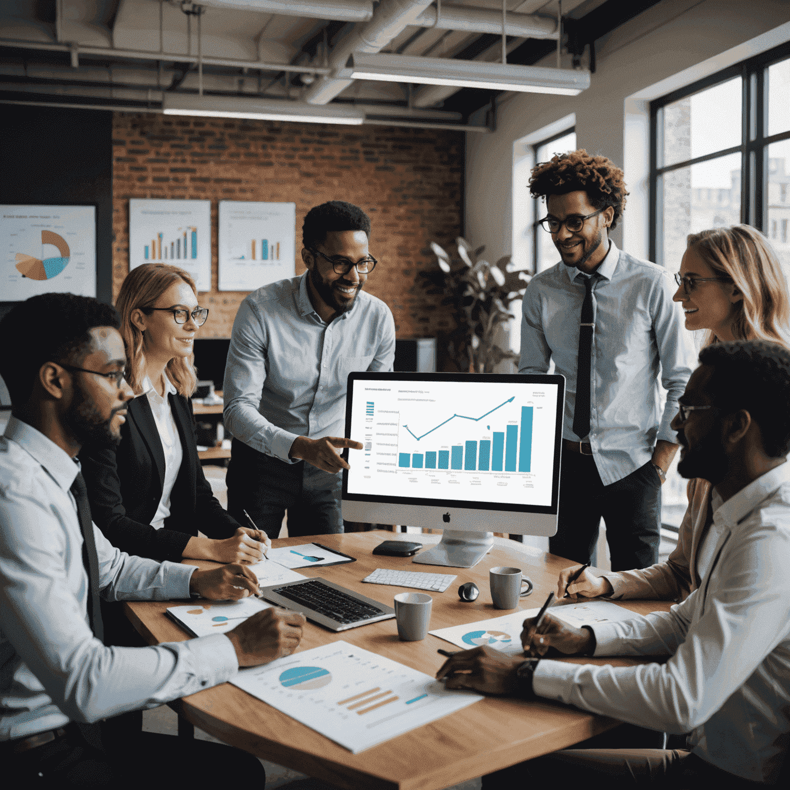 A group of diverse social entrepreneurs discussing funding strategies in a modern office setting, with charts and graphs displayed on screens in the background