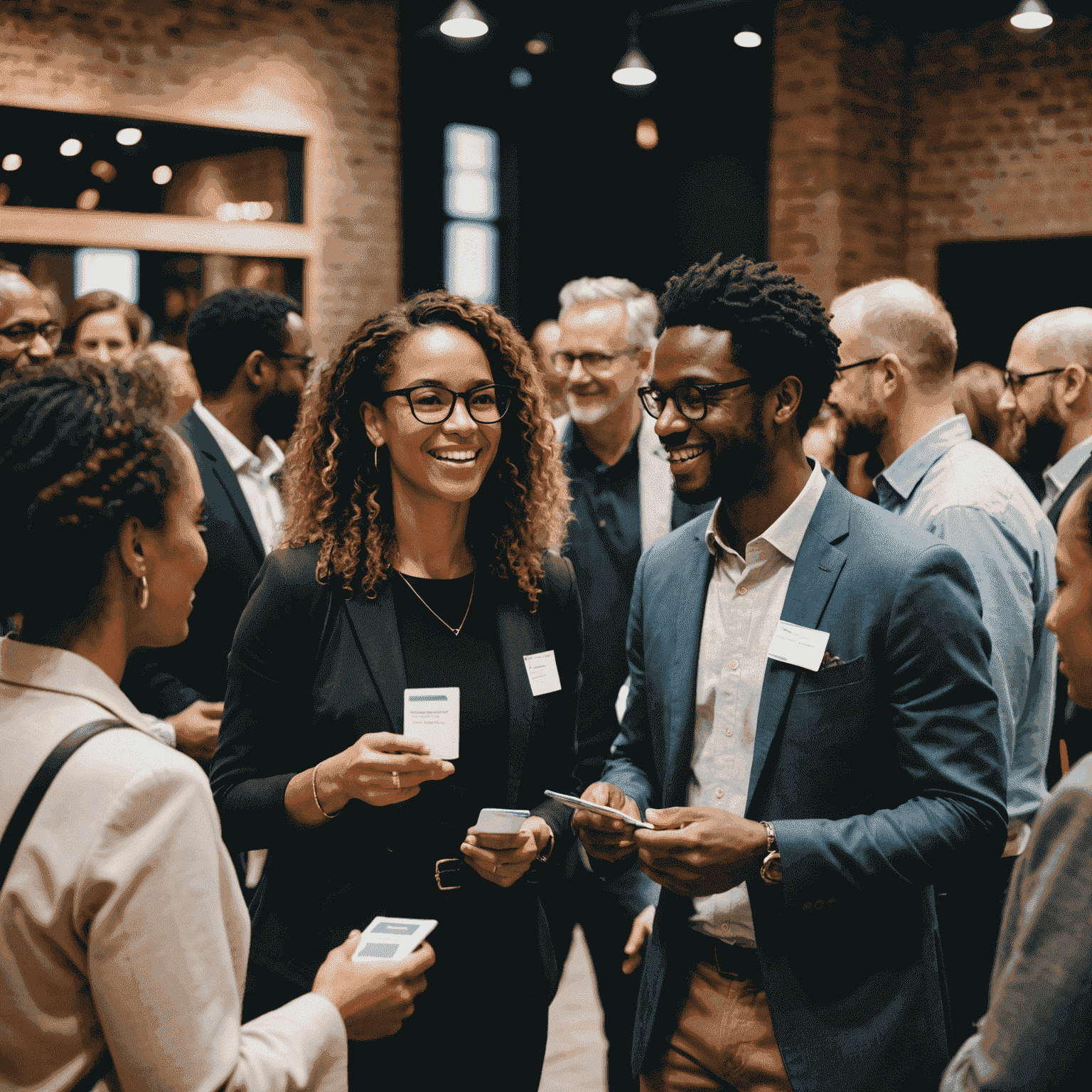 A diverse group of social entrepreneurs, investors, and industry experts networking at a bustling event. People are engaged in animated conversations, exchanging business cards, and discussing ideas in a modern, well-lit venue.