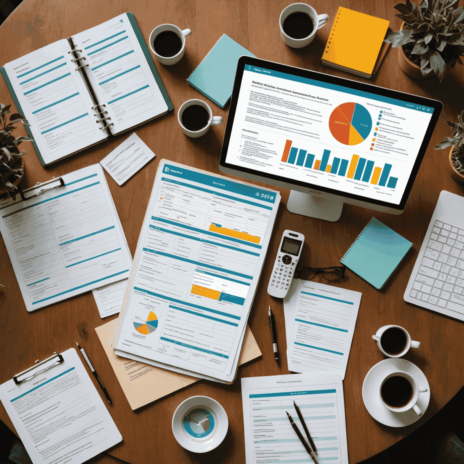 Various impact assessment tools and methodologies displayed on a table, including surveys, data analysis software, and reporting templates tailored for South African contexts