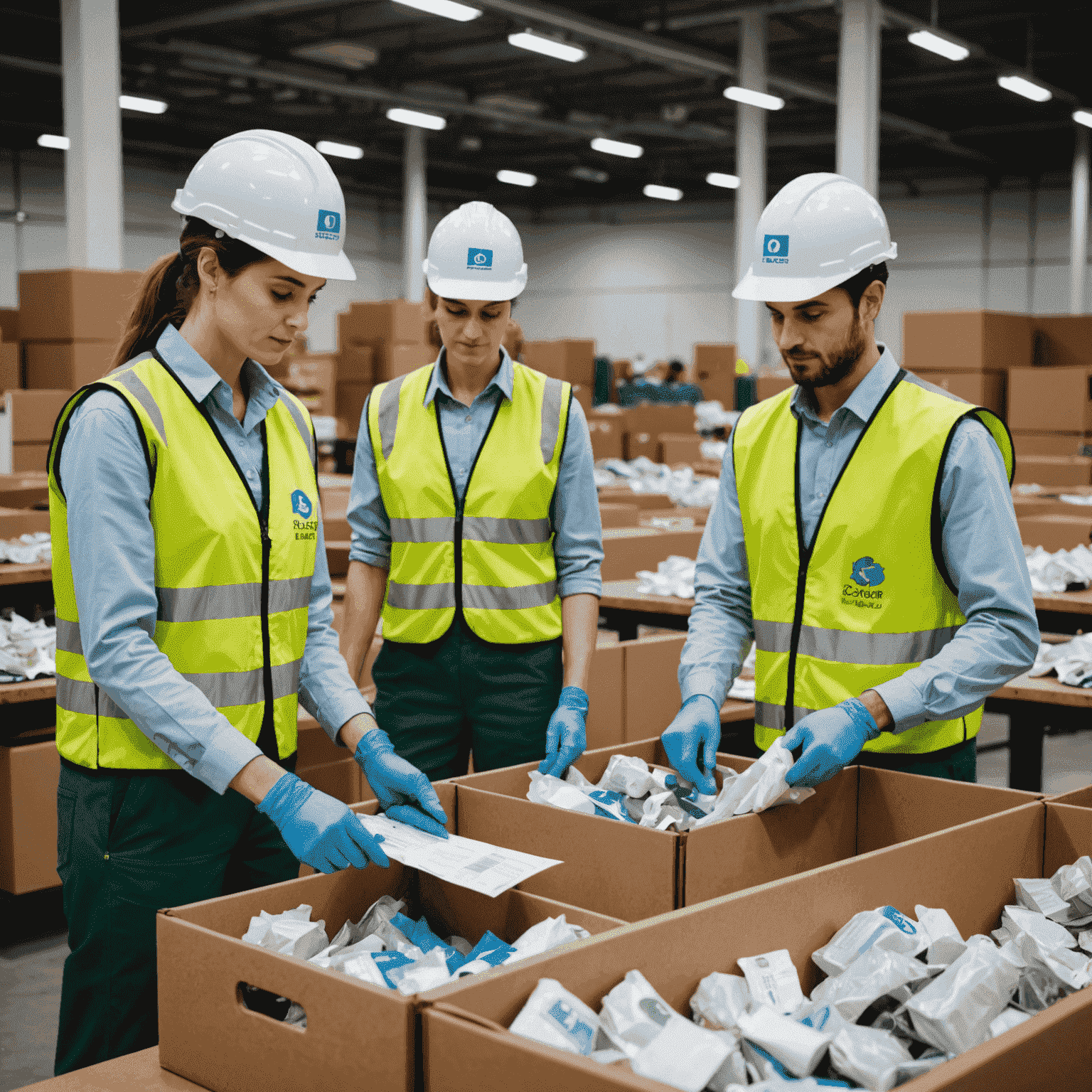 EcoSolutions team sorting recyclable materials in a modern facility, with workers wearing branded uniforms