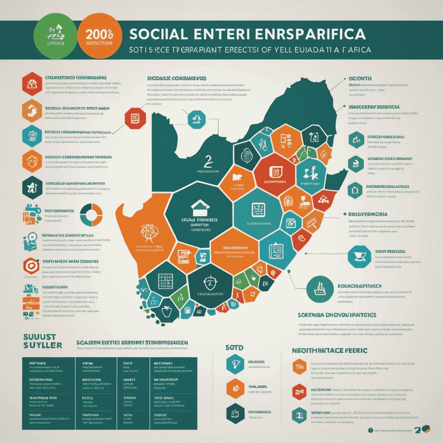 Infographic showing the projected growth of social enterprises in South Africa over the next five years, with icons representing different sectors such as education, healthcare, and sustainability