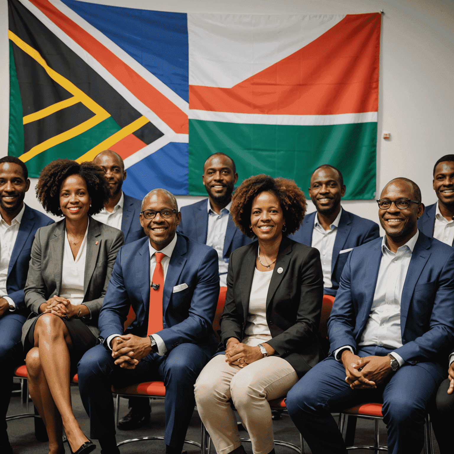 A panel of corporate executives and social entrepreneurs at a CSR partnership event, with the South African flag prominently displayed