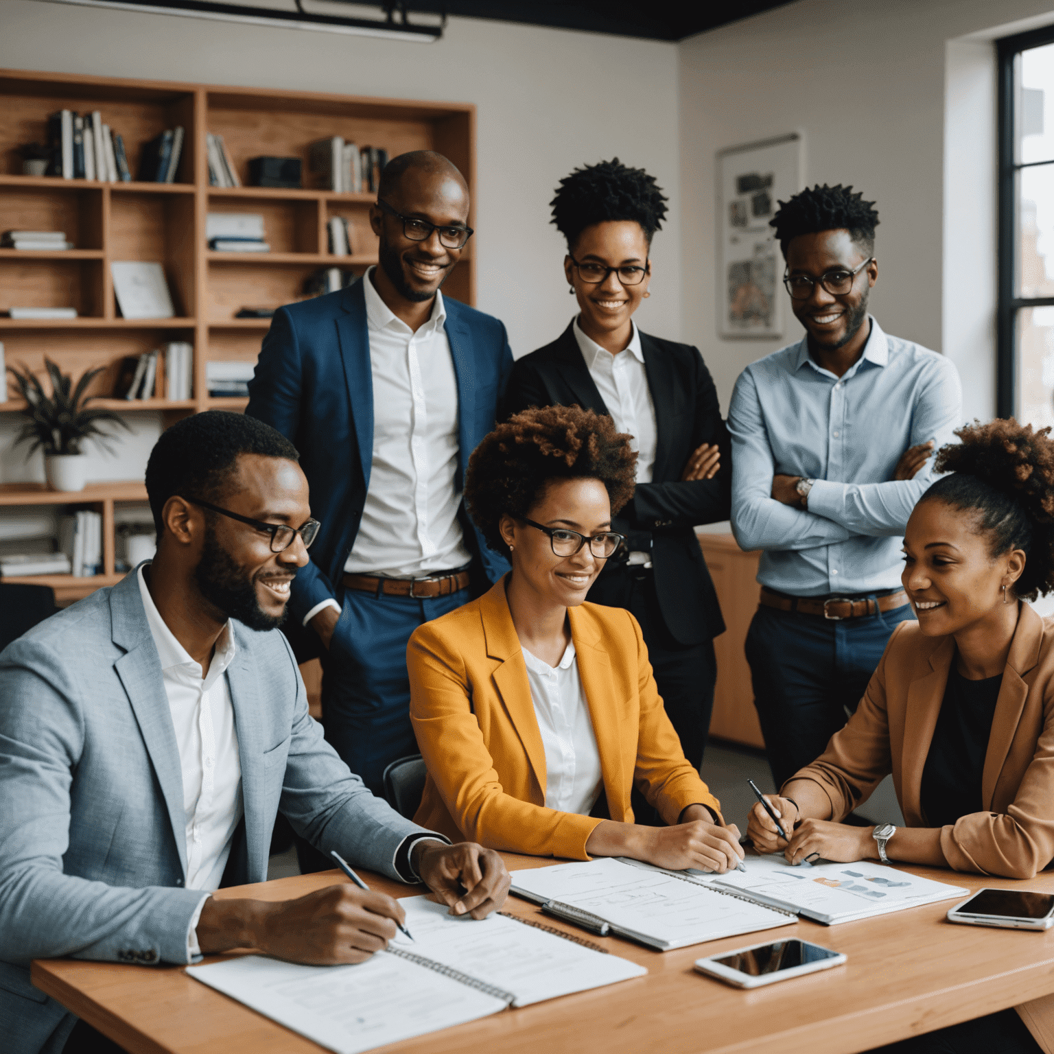 A diverse team of consultants collaborating on a social entrepreneurship project, using digital tools and traditional methods in a modern South African office