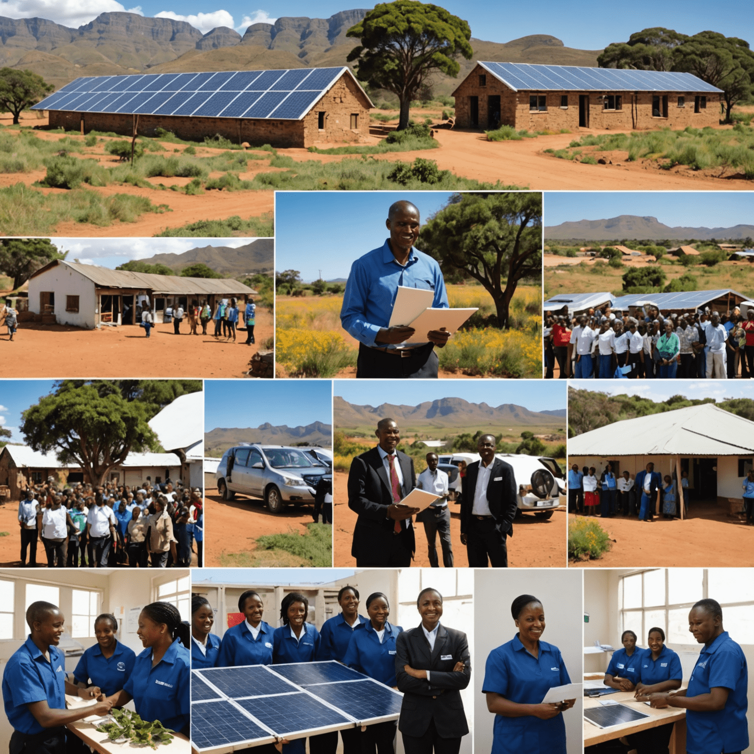 A collage of successful social enterprise projects in South Africa, showcasing diverse initiatives from renewable energy to education and healthcare