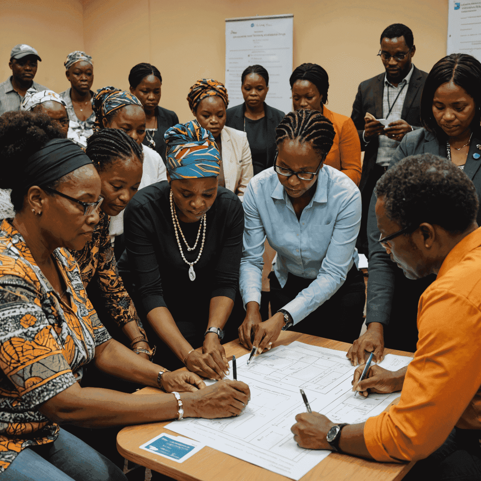 A diverse group of South African people participating in a community impact assessment workshop, with facilitators using culturally appropriate materials and methods