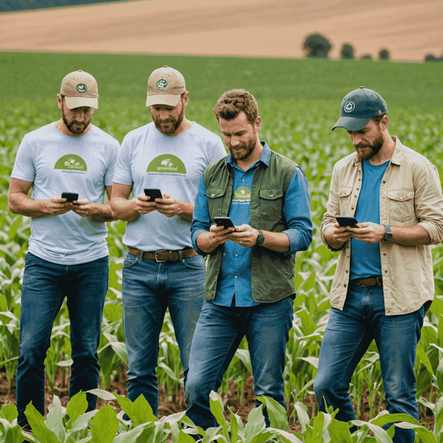 A group of farmers using smartphones in a field, with crops visible in the background and AgriTech Innovators logo on their shirts