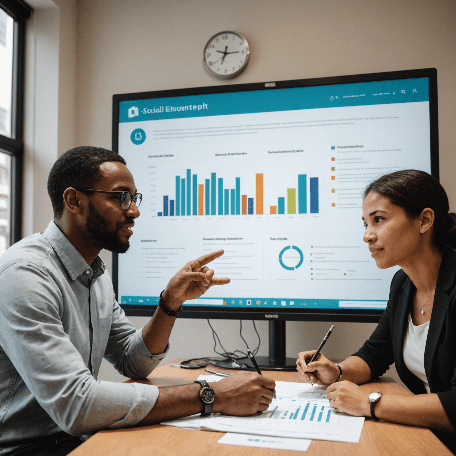 A mentor and mentee engaged in a one-on-one discussion about social entrepreneurship strategies, with charts and graphs visible on a nearby screen