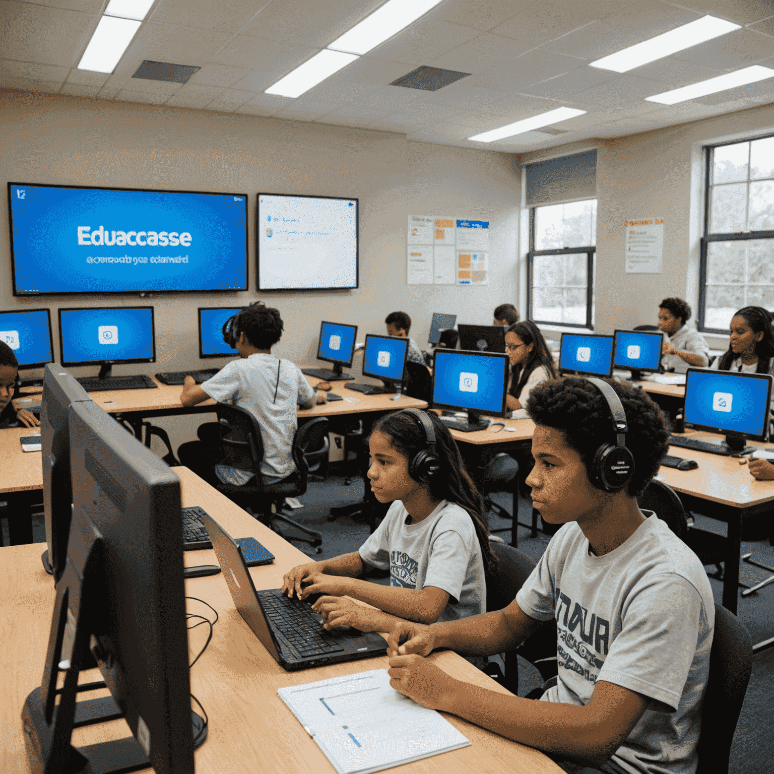 Students in a classroom using computers, with EduAccess branding visible on the equipment and walls