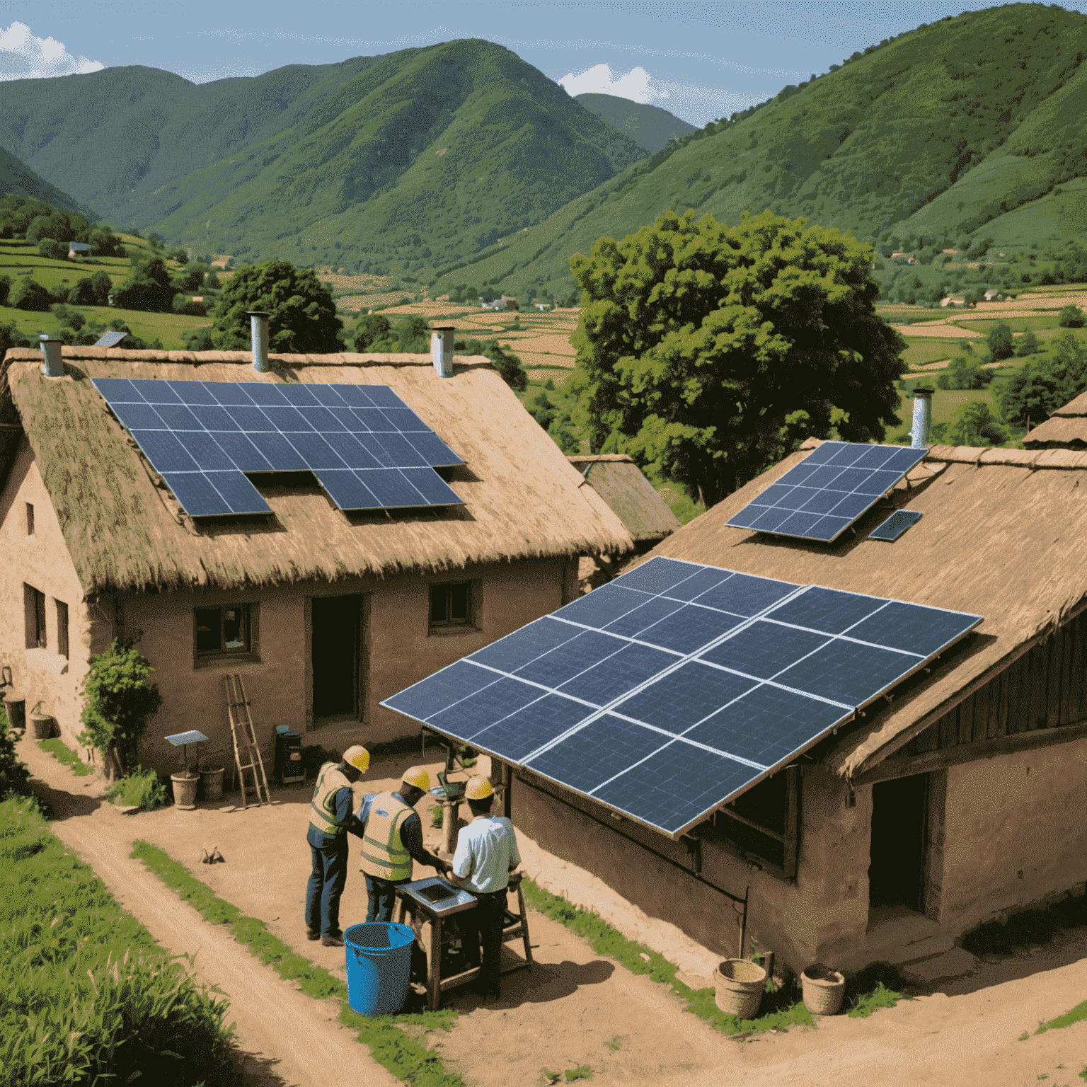 Solar panels being installed on thatched roofs in a rural village, with GreenEnergy Solutions technicians working