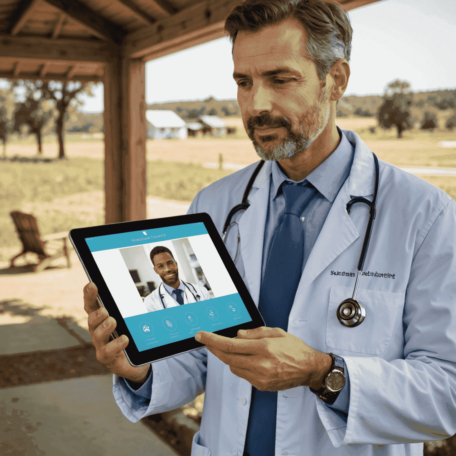 A doctor conducting a telemedicine session on a tablet, with the HealthConnect interface visible and a rural clinic in the background